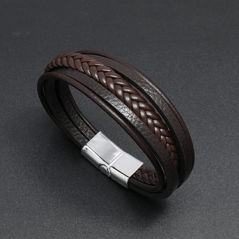 Silver Magnetic Buckle + Brown Leather 23cm Multi-layer Braided Magnetic Buckle Men's Bracelet