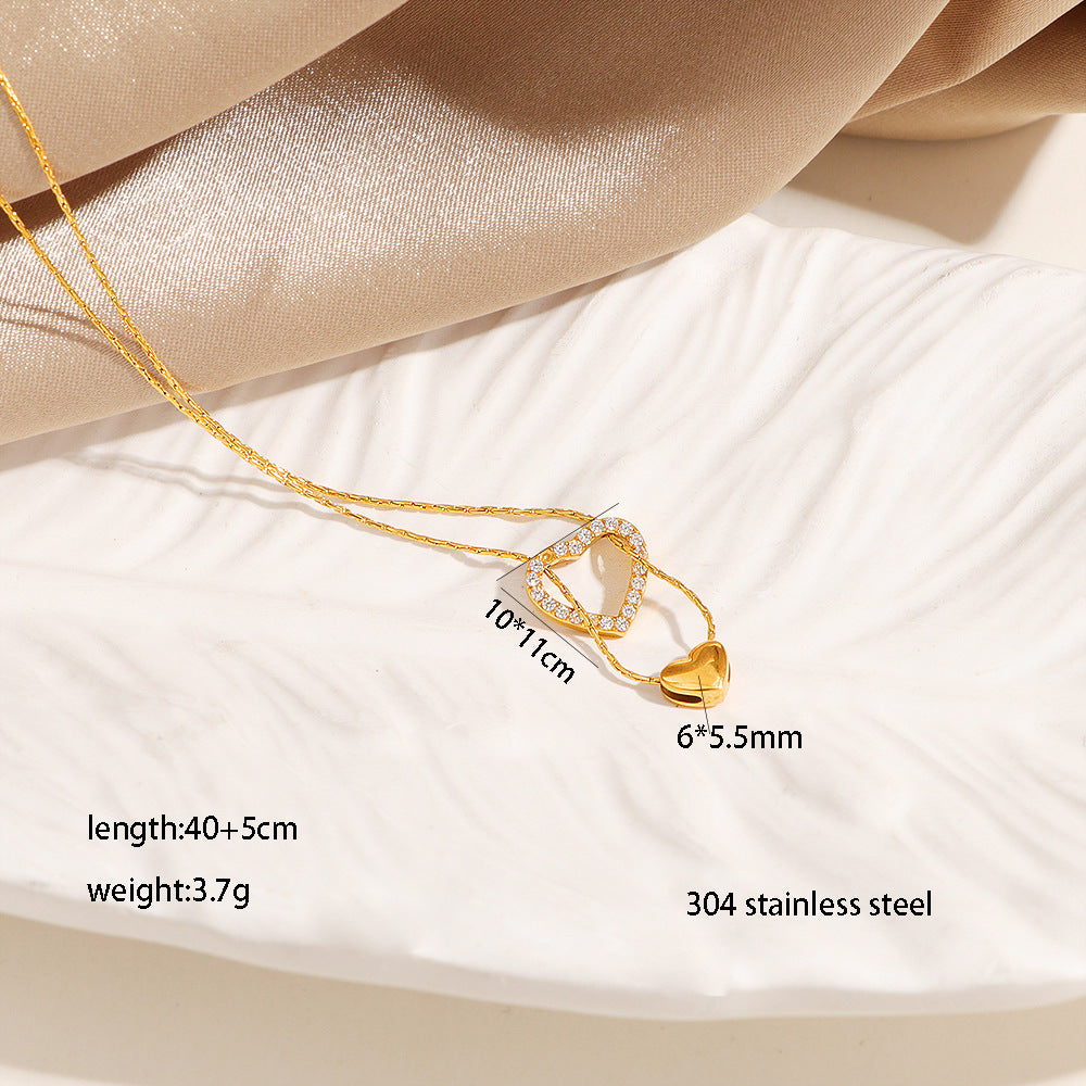 Gold Stainless Steel Full Diamond Heart-shaped Delicate Clavicle Chain Vintage Heart Necklace