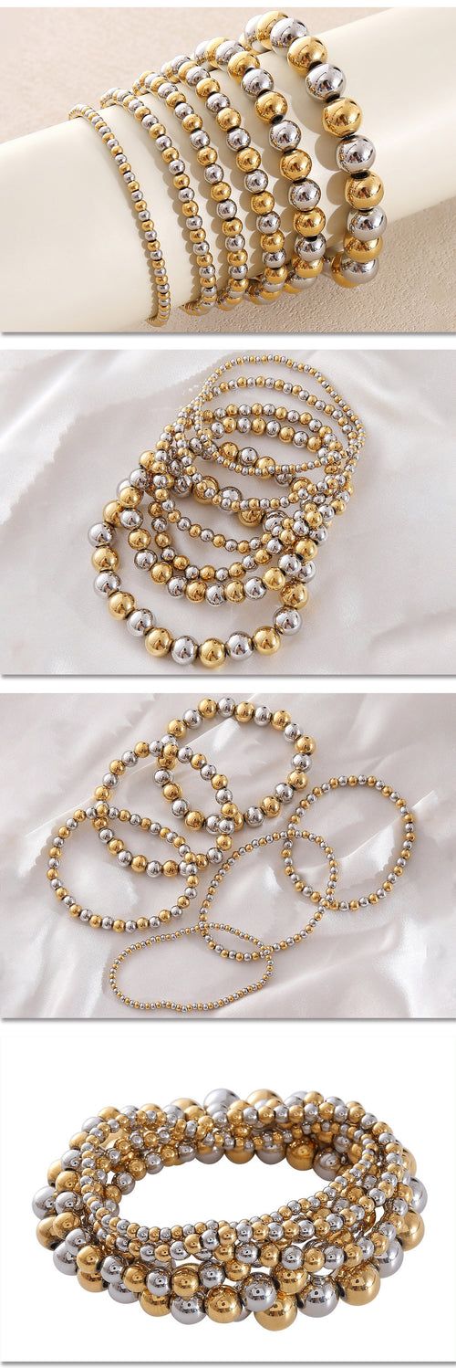 10mm Two-tone Gold And Steel Stainless Steel Beaded Bracelet For Women 18cm Stainless Steel Colorblock Beaded Bracelet