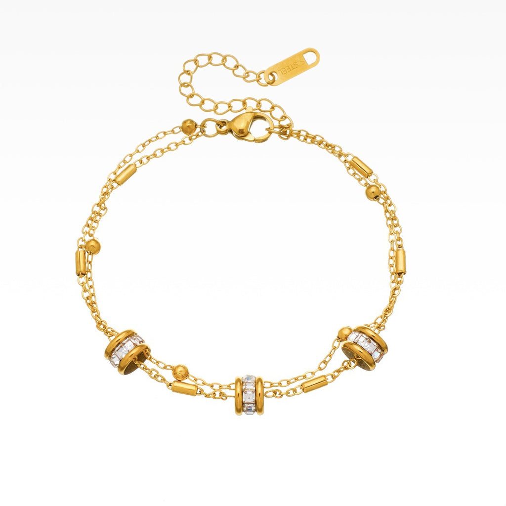 Gold Gold-plated Double-layer Chain Stainless Steel Diamond-set Round Bracelet