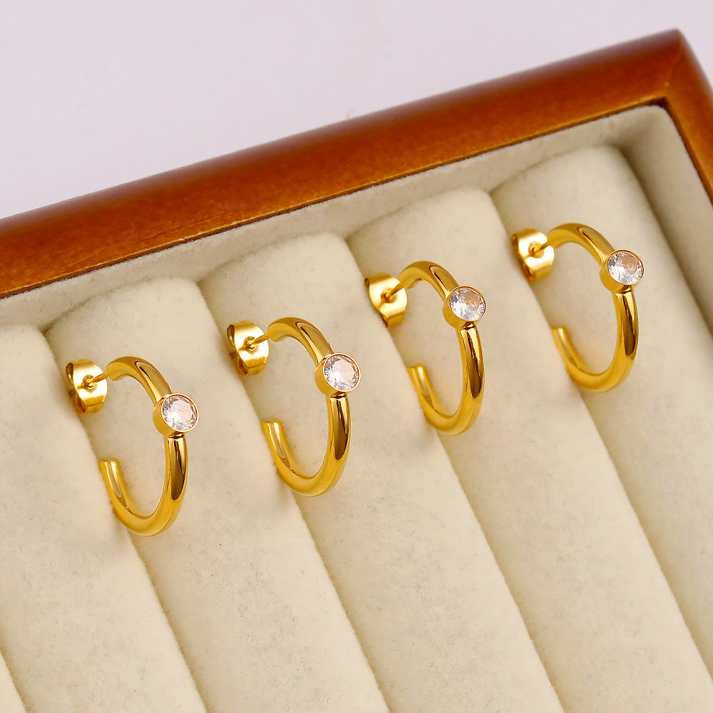 Gold Stainless Steel Diamond C-shaped Earrings