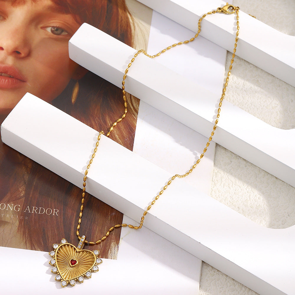 Carved Heart Necklace - Gold Stainless Steel Diamond-encrusted Heart Necklace
