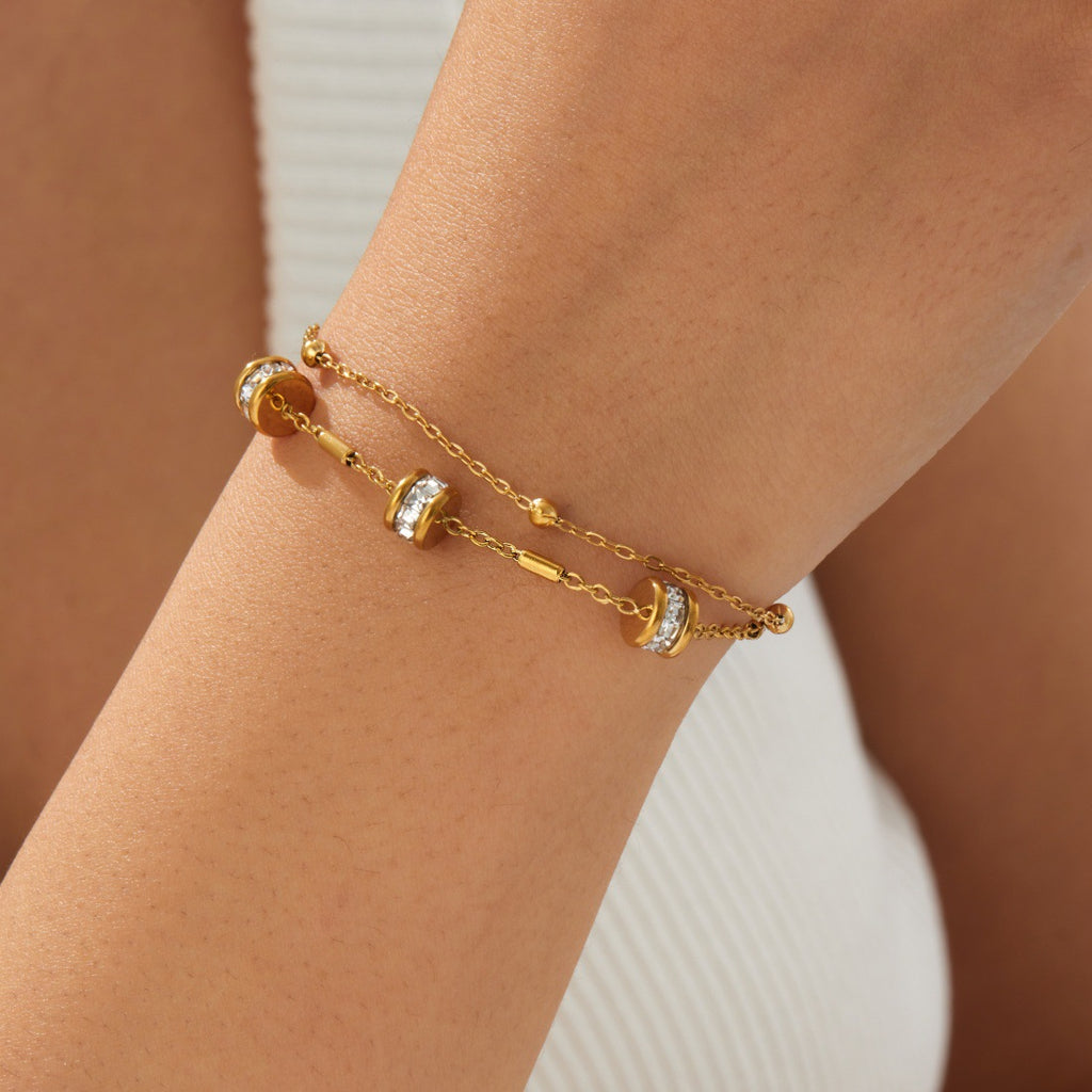 Gold Gold-plated Double-layer Chain Stainless Steel Diamond-set Round Bracelet
