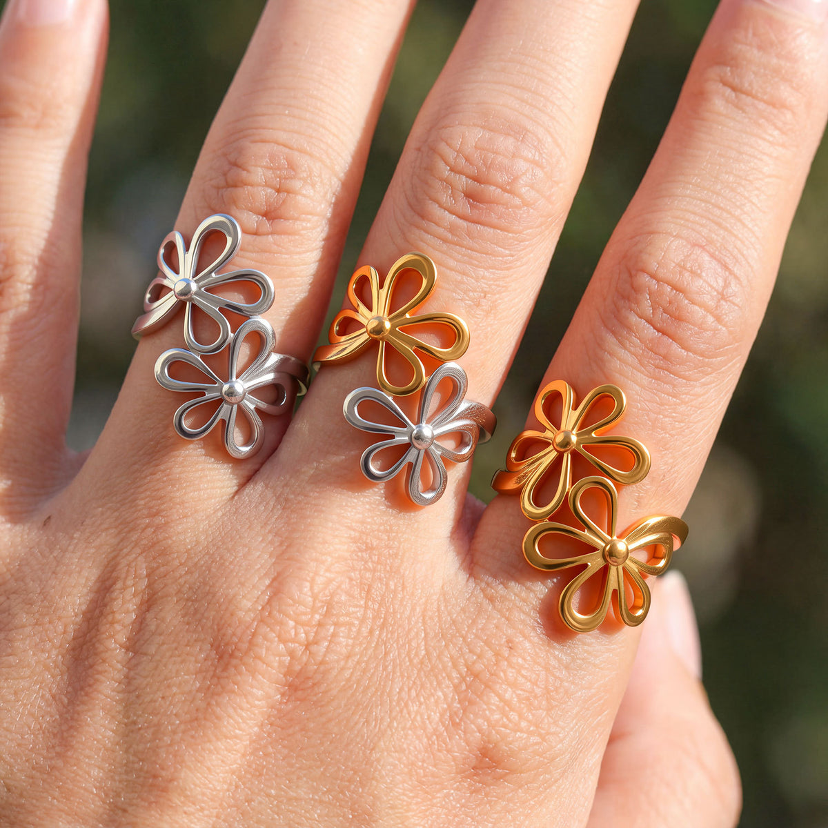 Gold Stainless Steel Openwork Flower Ring