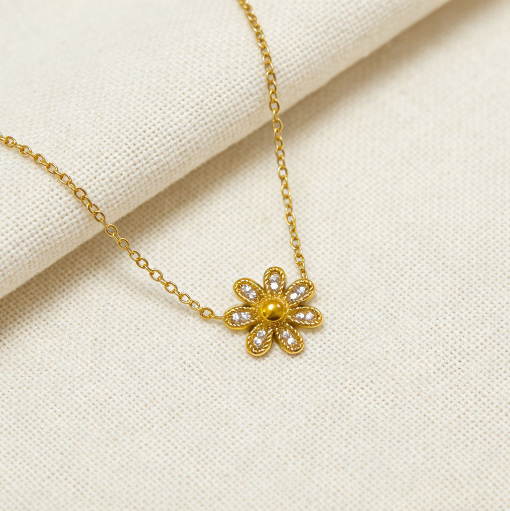 Gold 3d Daisy Zircon Pendant Necklace Stainless Steel 18k Gold Plated