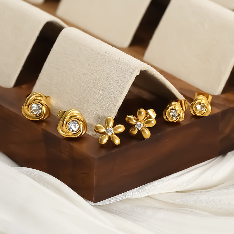 Gold Stainless Steel 18k Gold Plated Diamond Flower Earrings