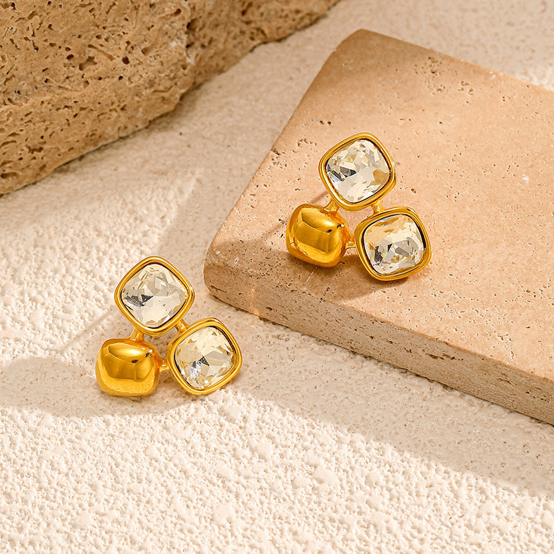 Gold 316l Stainless Steel Diamond-set Square Stud Earrings