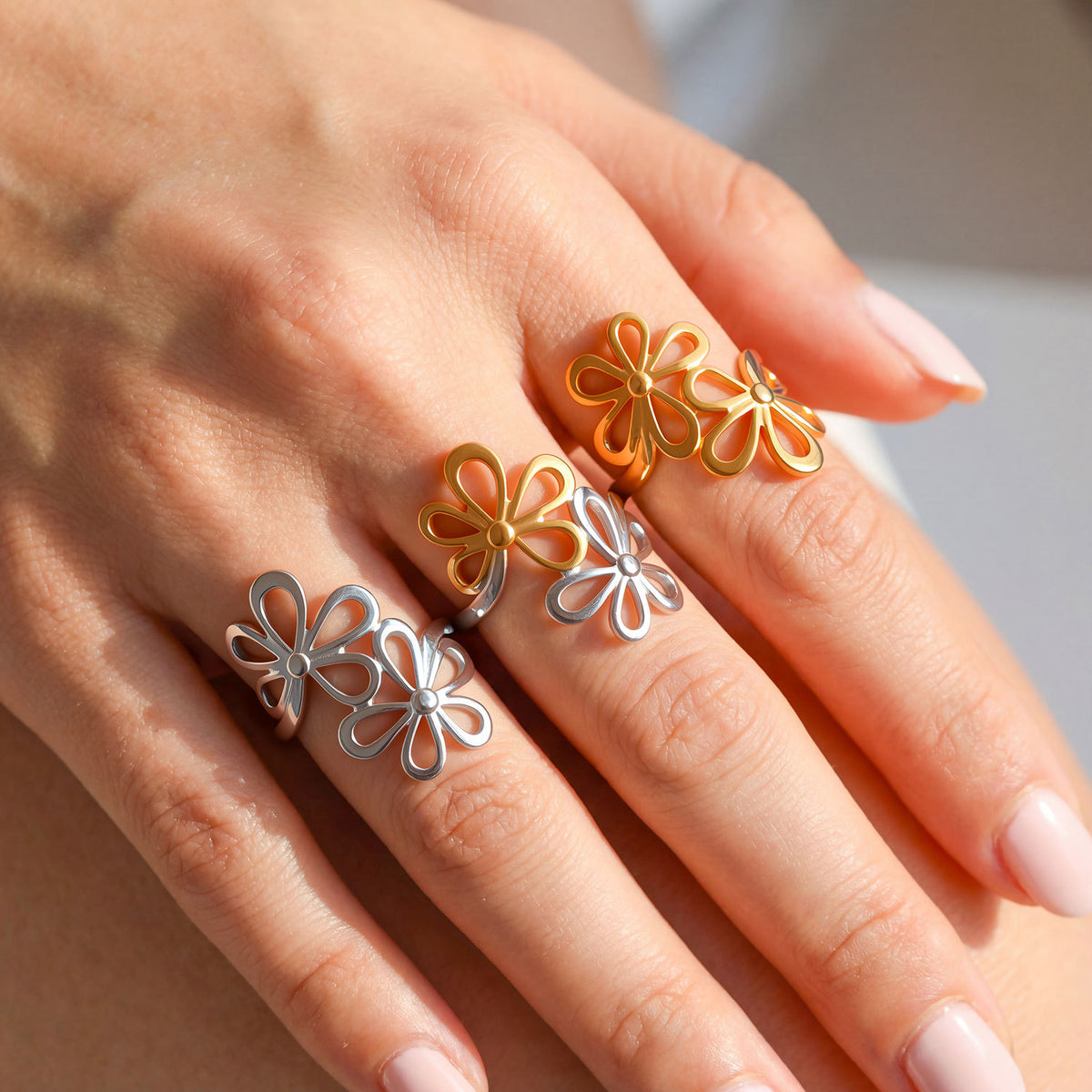 Steel Color Stainless Steel Openwork Flower Ring