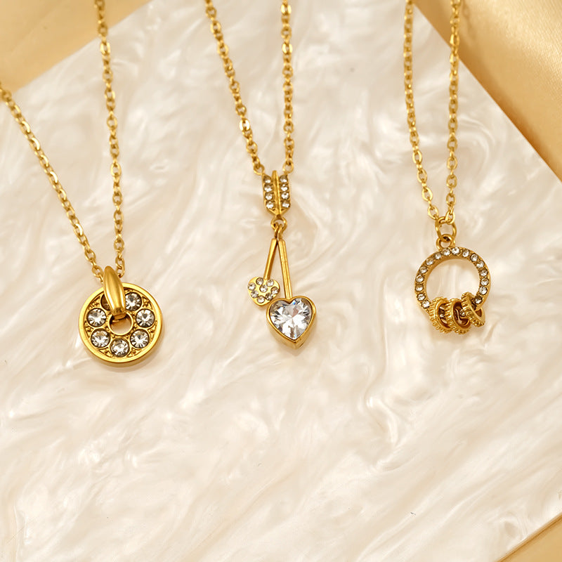 Fashion 1# Titanium Steel Round Necklace With Diamonds