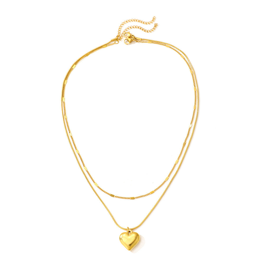 Gold Stainless Steel Heart Double Layer Necklace
