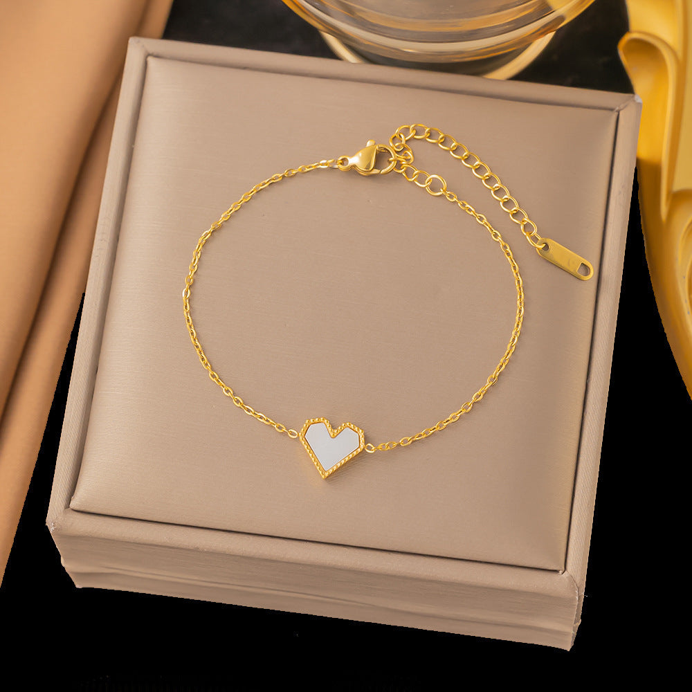 White Pearl Heart Earrings Gold Zircon Clover Steel Necklace Bracelet Set