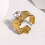 Gold Stainless Steel Open Ring Tarnish Free Gold Plated Zircon Titanium Steel