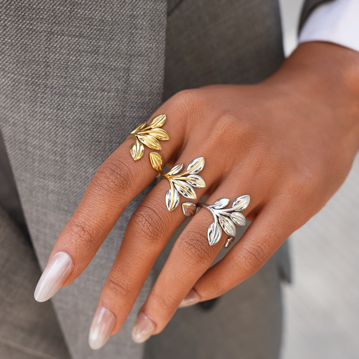 Silver 304 Stainless Steel Leaf Ring