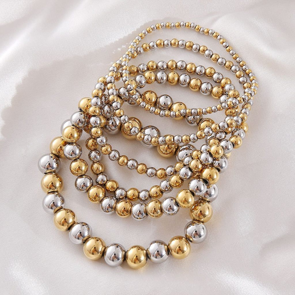 10mm Two-tone Gold And Steel Stainless Steel Beaded Bracelet For Women 18cm Stainless Steel Colorblock Beaded Bracelet