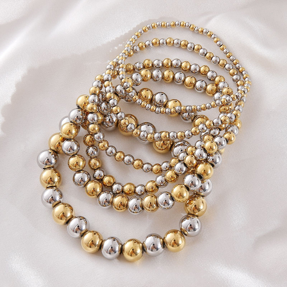10mm Two-tone Gold And Steel Stainless Steel Beaded Bracelet For Women 18cm Stainless Steel Colorblock Beaded Bracelet