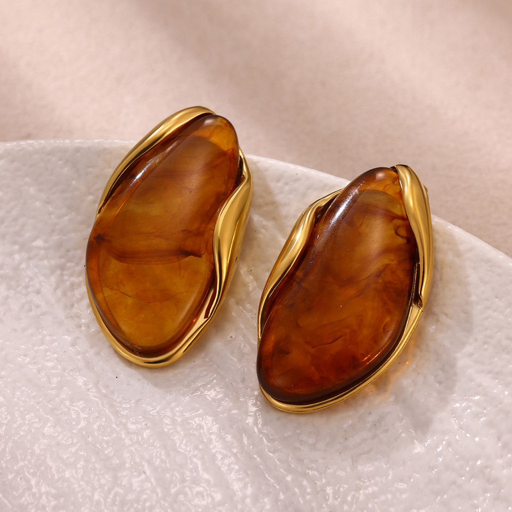 Earring #16 Irregular Resin Amber 18k Steel Earrings