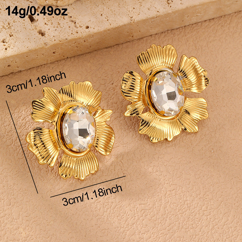 Gold Stainless Steel Zircon Flower Earrings Studs