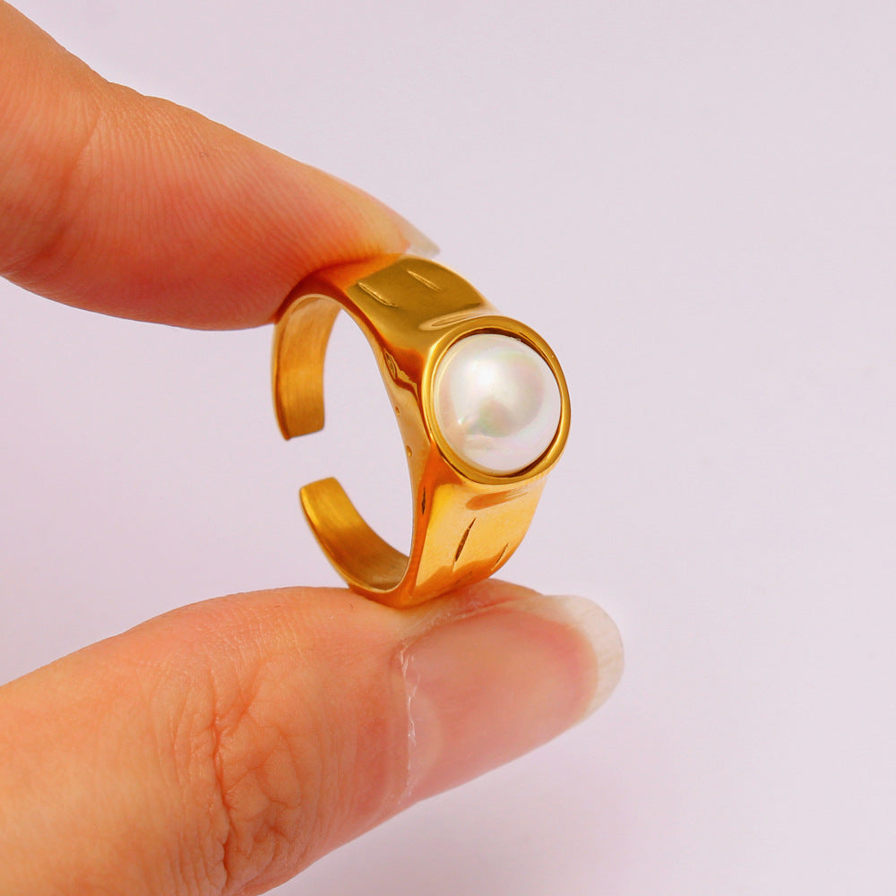 Fashion Gold Stainless Steel Pearl Open Ring