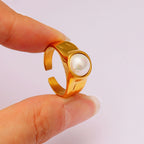 Fashion Gold Stainless Steel Pearl Open Ring