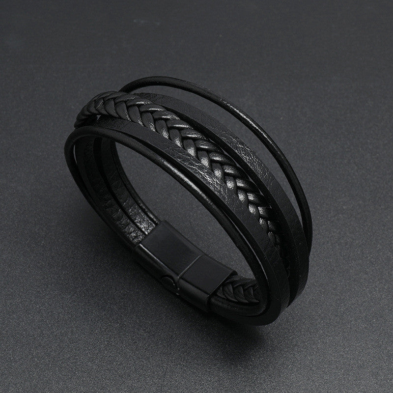 Silver Magnetic Buckle + Black Leather 23cm Multi-layer Braided Magnetic Buckle Men's Bracelet