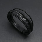 Silver Magnetic Buckle + Black Leather 23cm Multi-layer Braided Magnetic Buckle Men's Bracelet