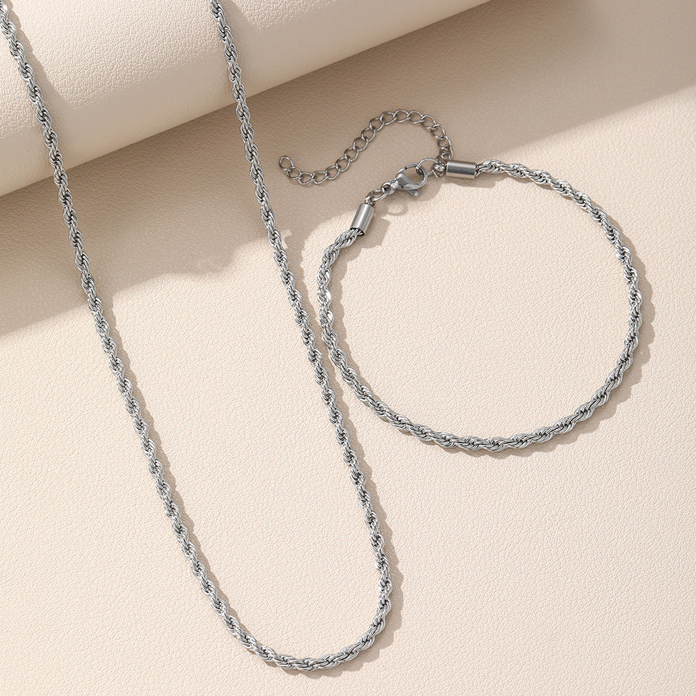 Silver Stainless Steel Twist Necklace Bracelet Set