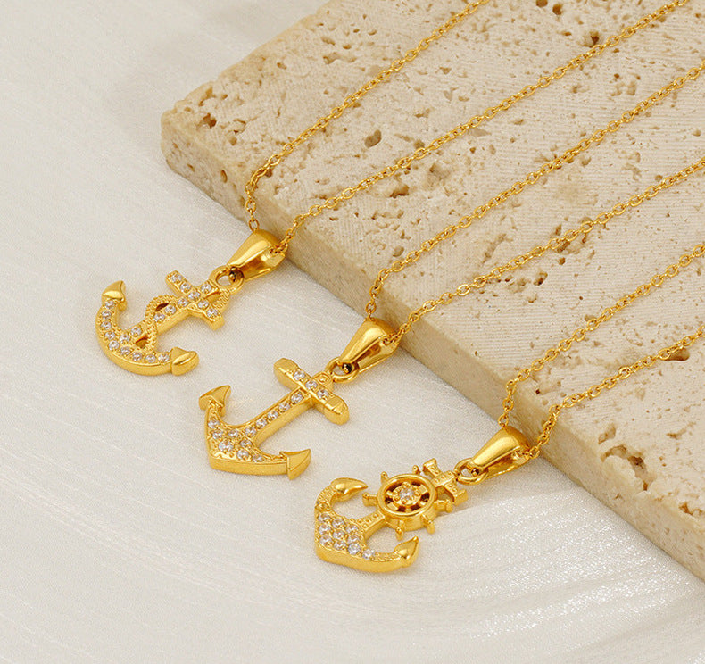 Anchor 3 Stainless Steel Diamond Anchor Necklace