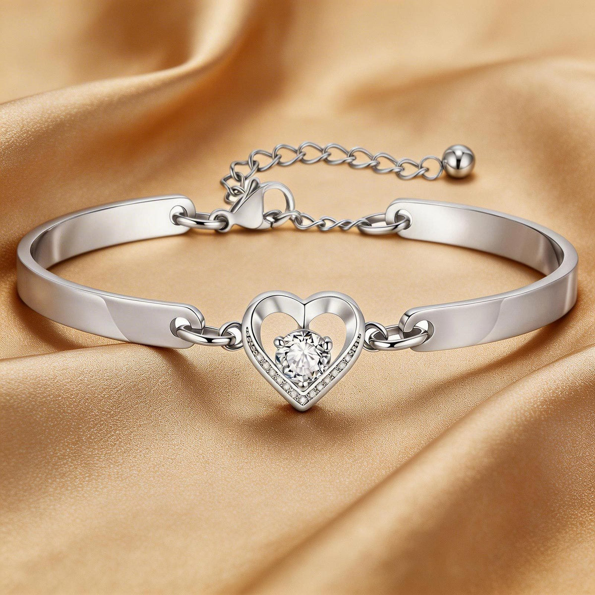Gold Stainless Steel Diamond-encrusted Heart Bracelet