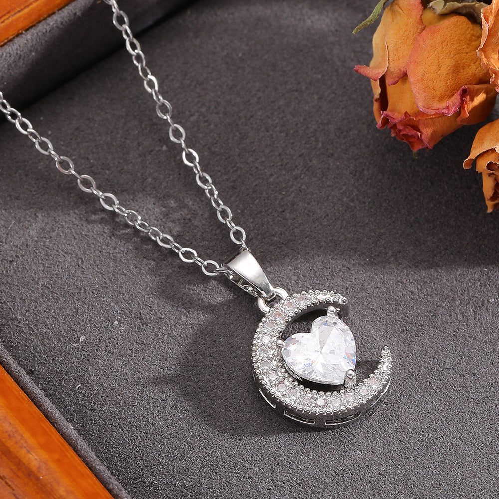 Necklace #7 304 Stainless Steel Diamond-encrusted Heart And Moon Necklace