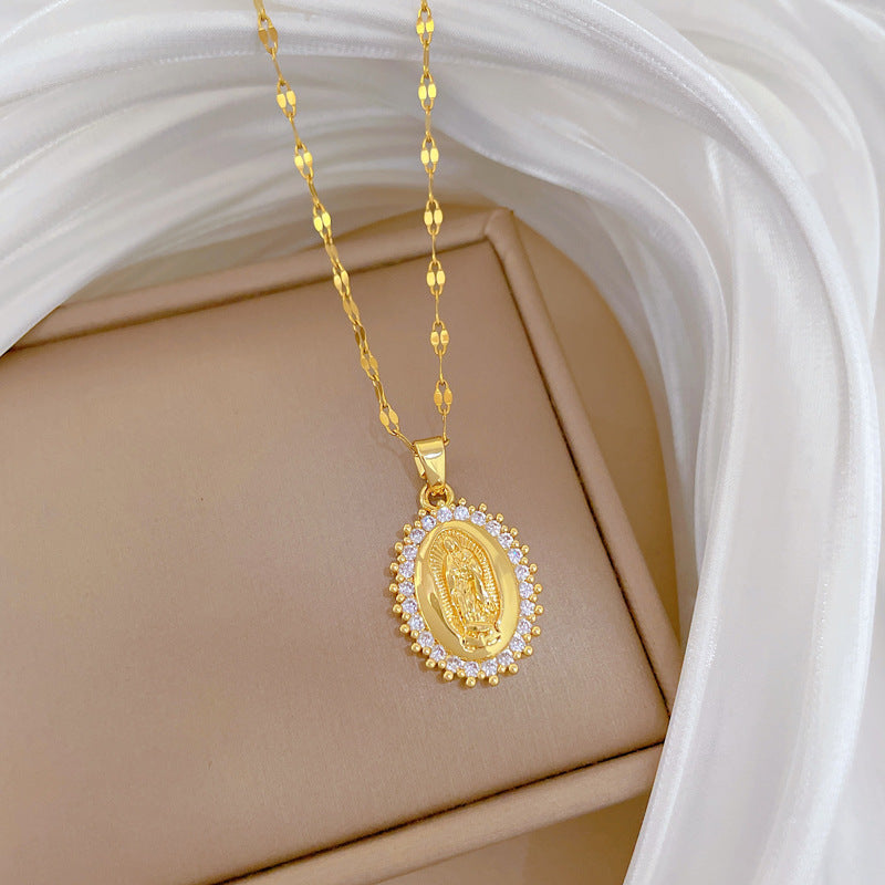 Gold Stainless Steel Diamond Portrait Necklace