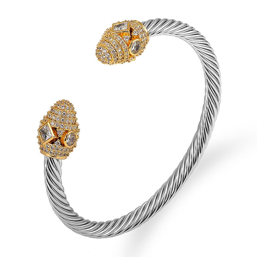 Fashion Style-10 Steel Colors Stainless Steel Diamond Threaded Open Bracelet