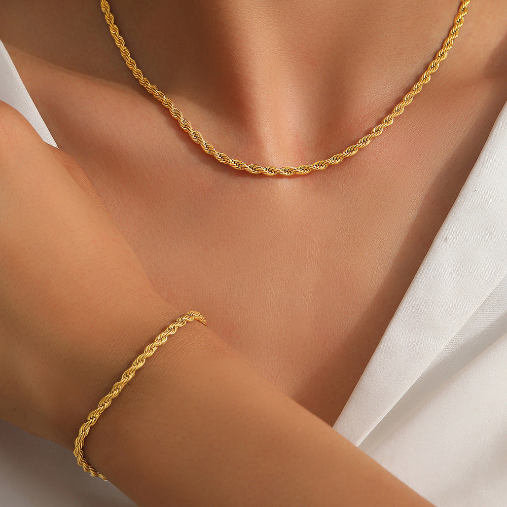 Silver Stainless Steel Twist Necklace Bracelet Set