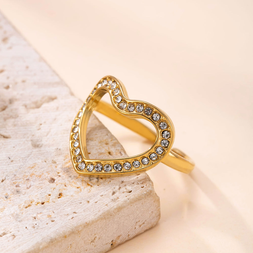 Gold Stainless Steel Diamond-encrusted Heart Ring