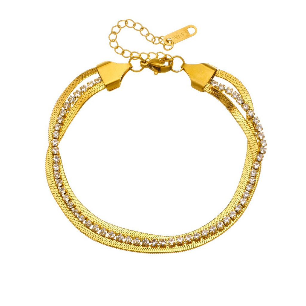 Gold Diamond-encrusted Gold-plated Multi-layered Stainless Steel Chain Bracelet