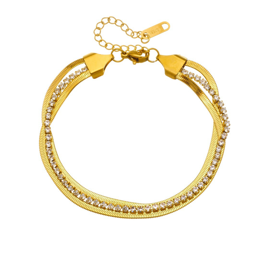 Gold Diamond-encrusted Gold-plated Multi-layered Stainless Steel Chain Bracelet