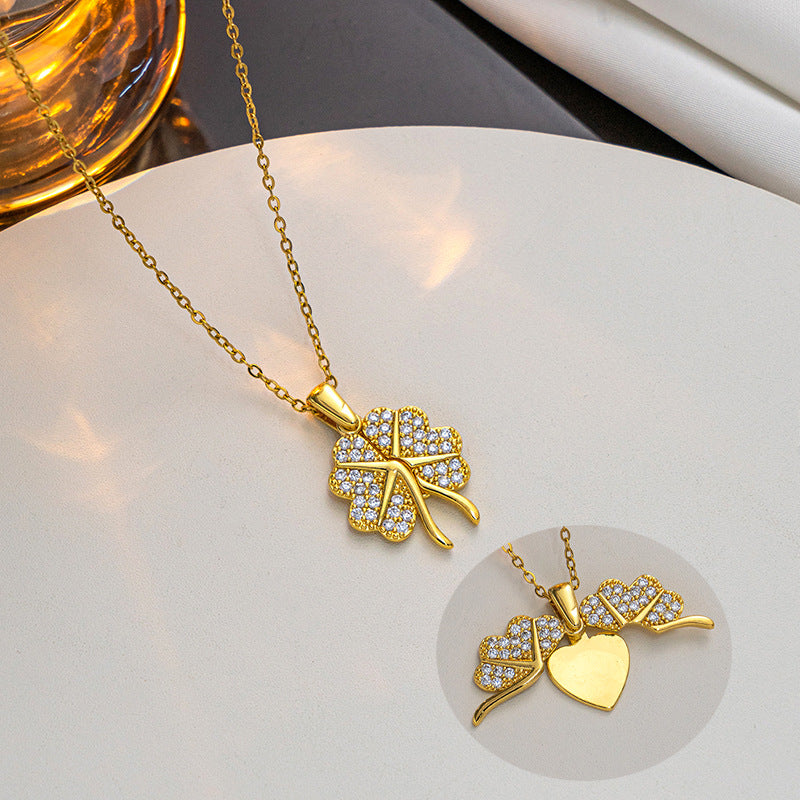 Fashion Silver Titanium Steel Diamond Clover Necklace