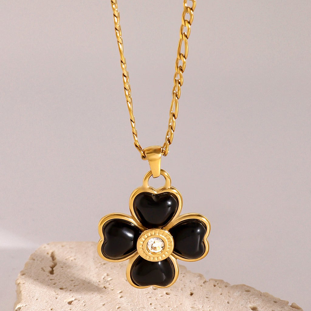 Gold Stainless Steel Four Leaf Clover Agate Necklace