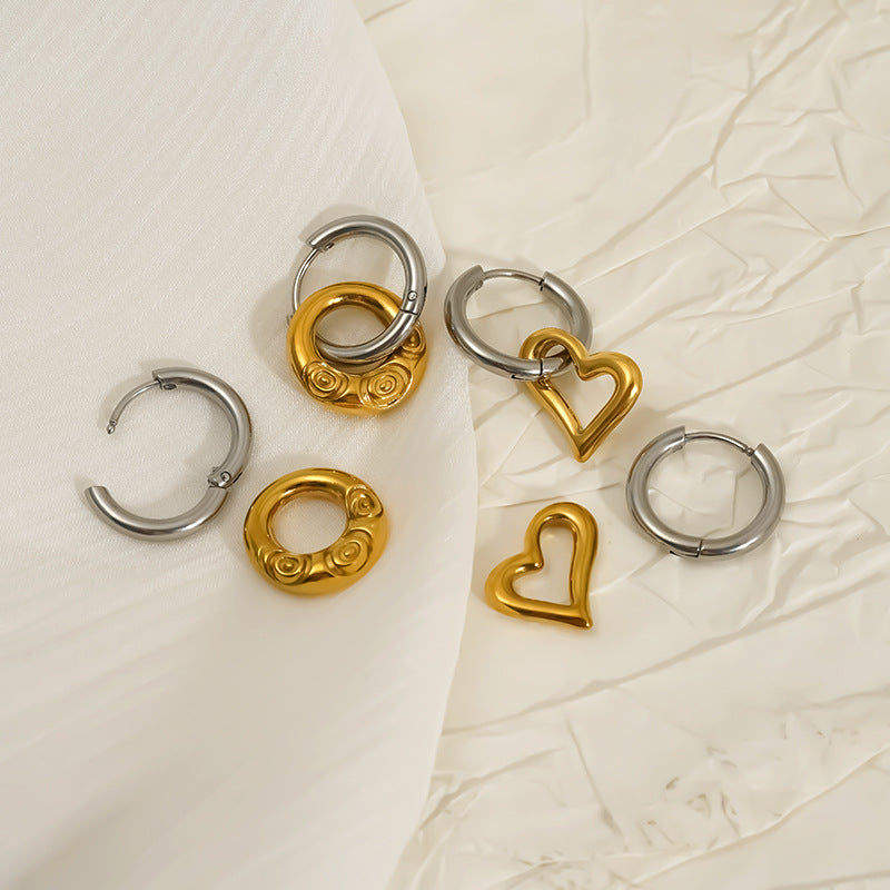 Gradual Gold Stainless Steel Detachable Heart Round Earrings