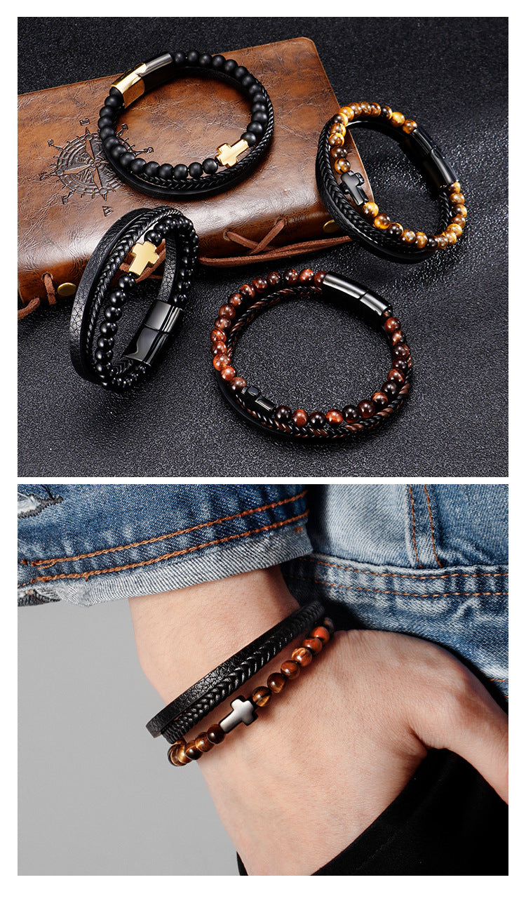 Black Glass Beads + Black Cross Stainless Steel Natural Stone Beaded Cross Men's Bracelet