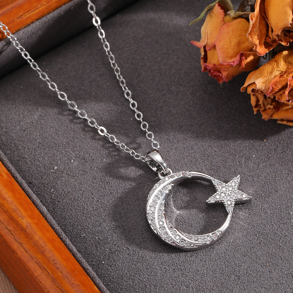Necklace #7 304 Stainless Steel Diamond-encrusted Heart And Moon Necklace