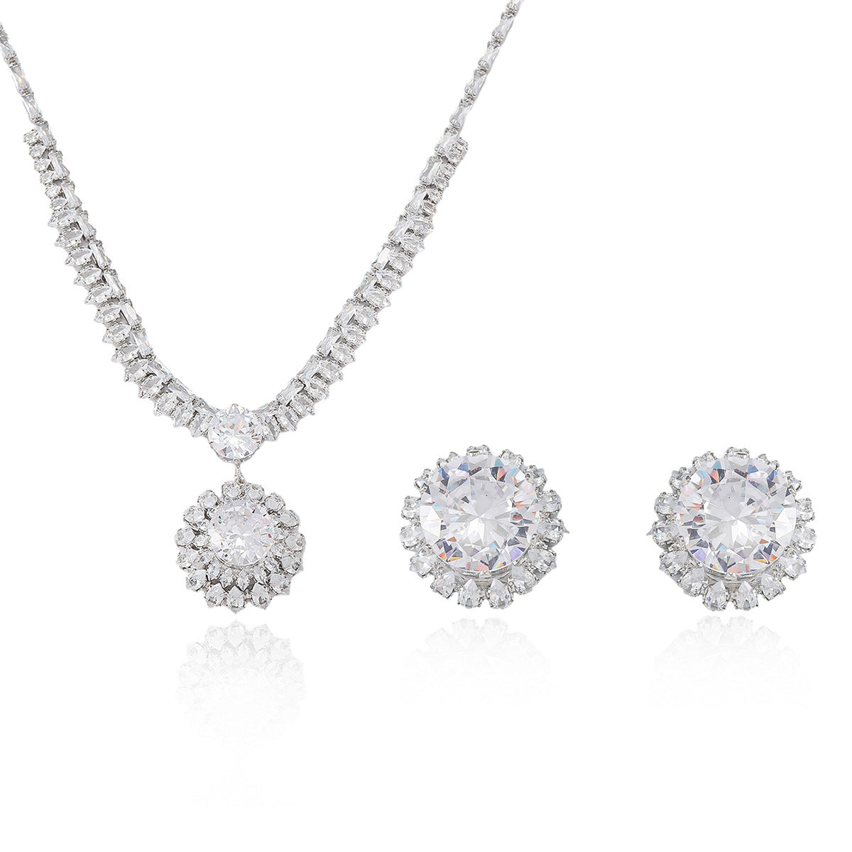 Set Titanium Steel Diamond-encrusted Round Necklace And Earring Set
