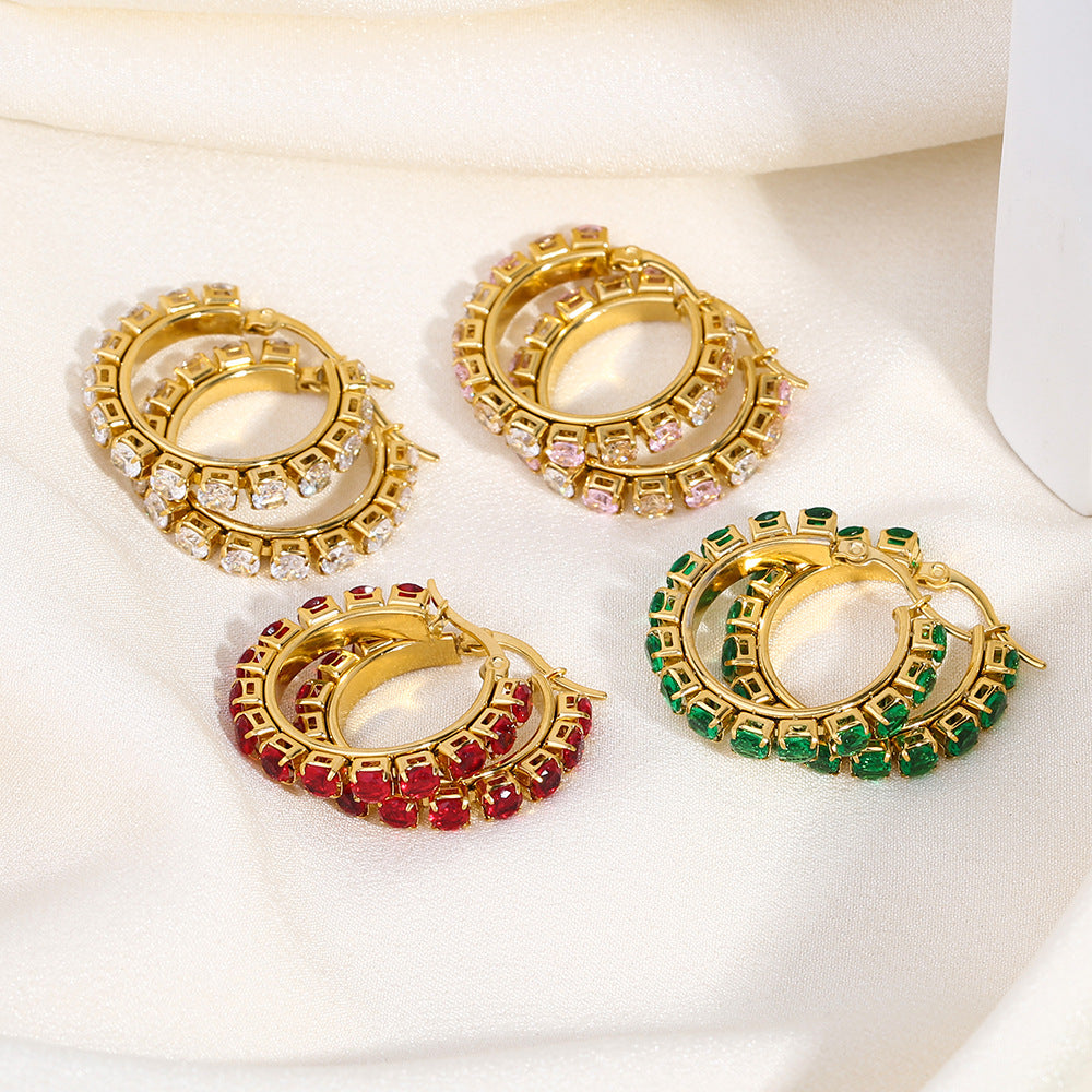 Fashion White Stainless Steel Diamond Round Earrings