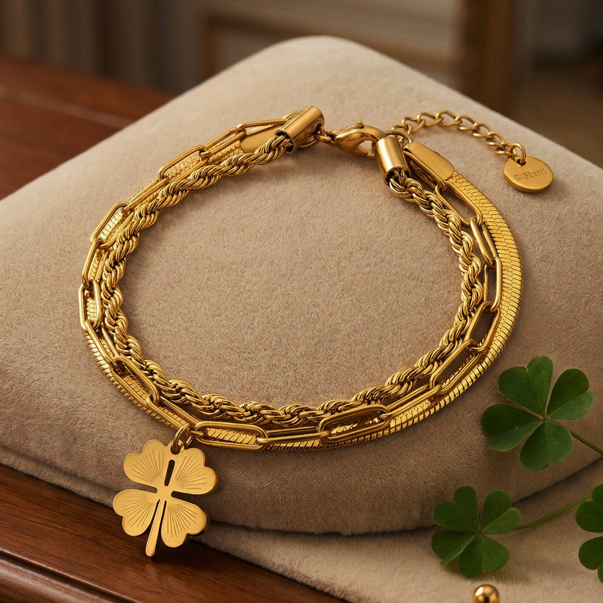 Gold Stainless Steel Four-leaf Clover Double-layer Bracelet