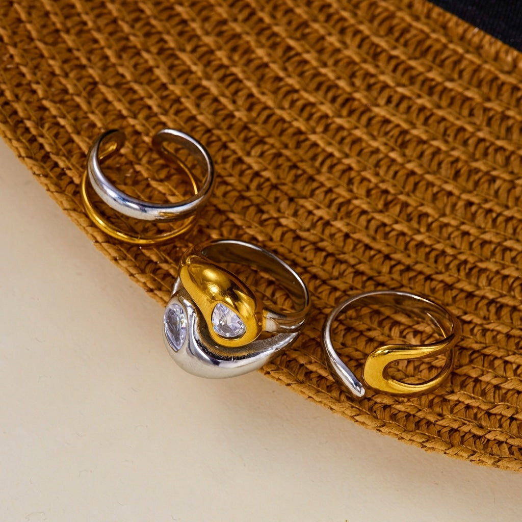 Two-tone 3 3pcs 18k Gold Stainless Steel Color Block Zircon Ring Set