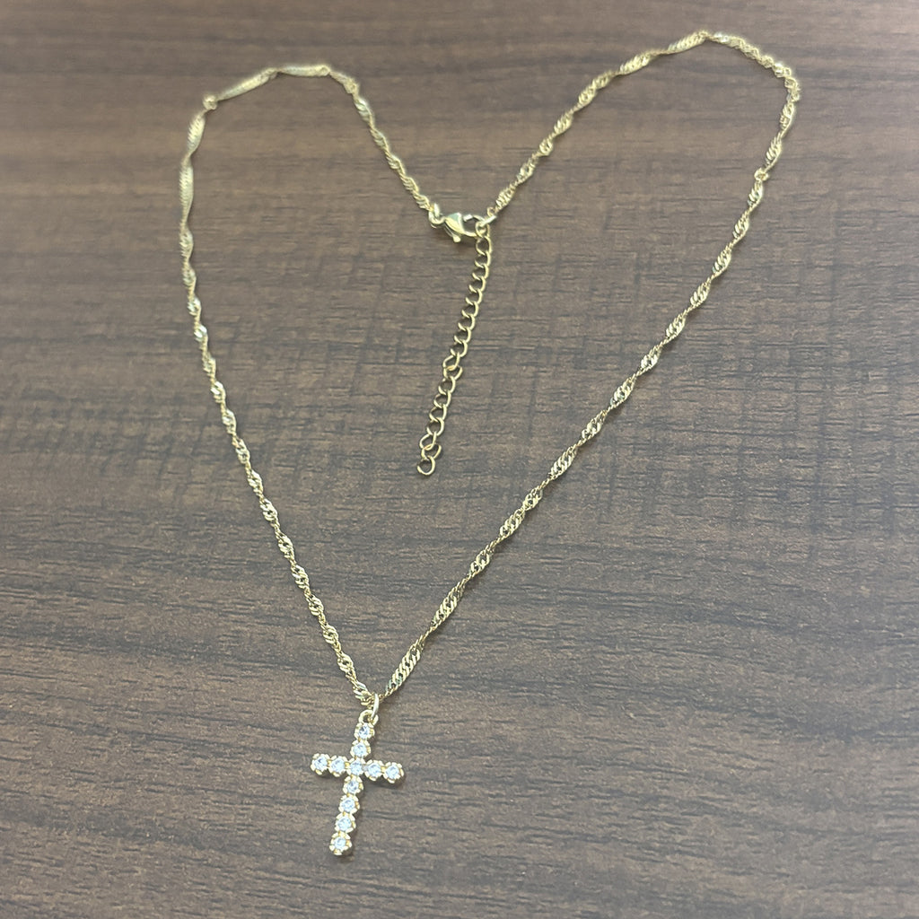 Gold Stainless Steel Diamond Cross Necklace