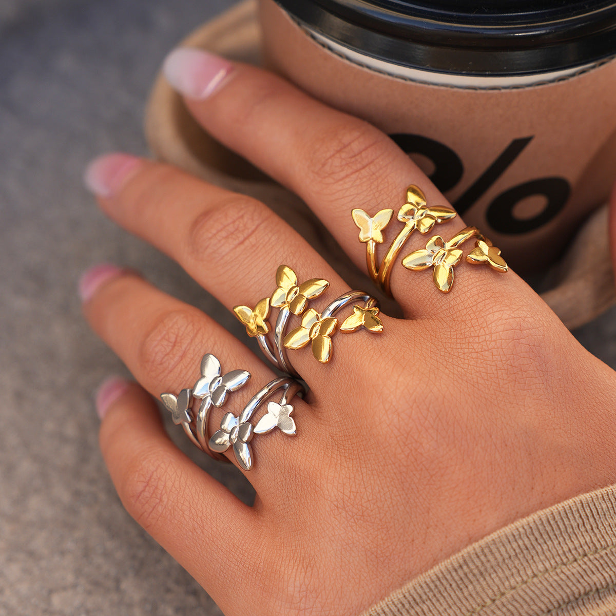 Two-tone Stainless Steel Butterfly Open Ring