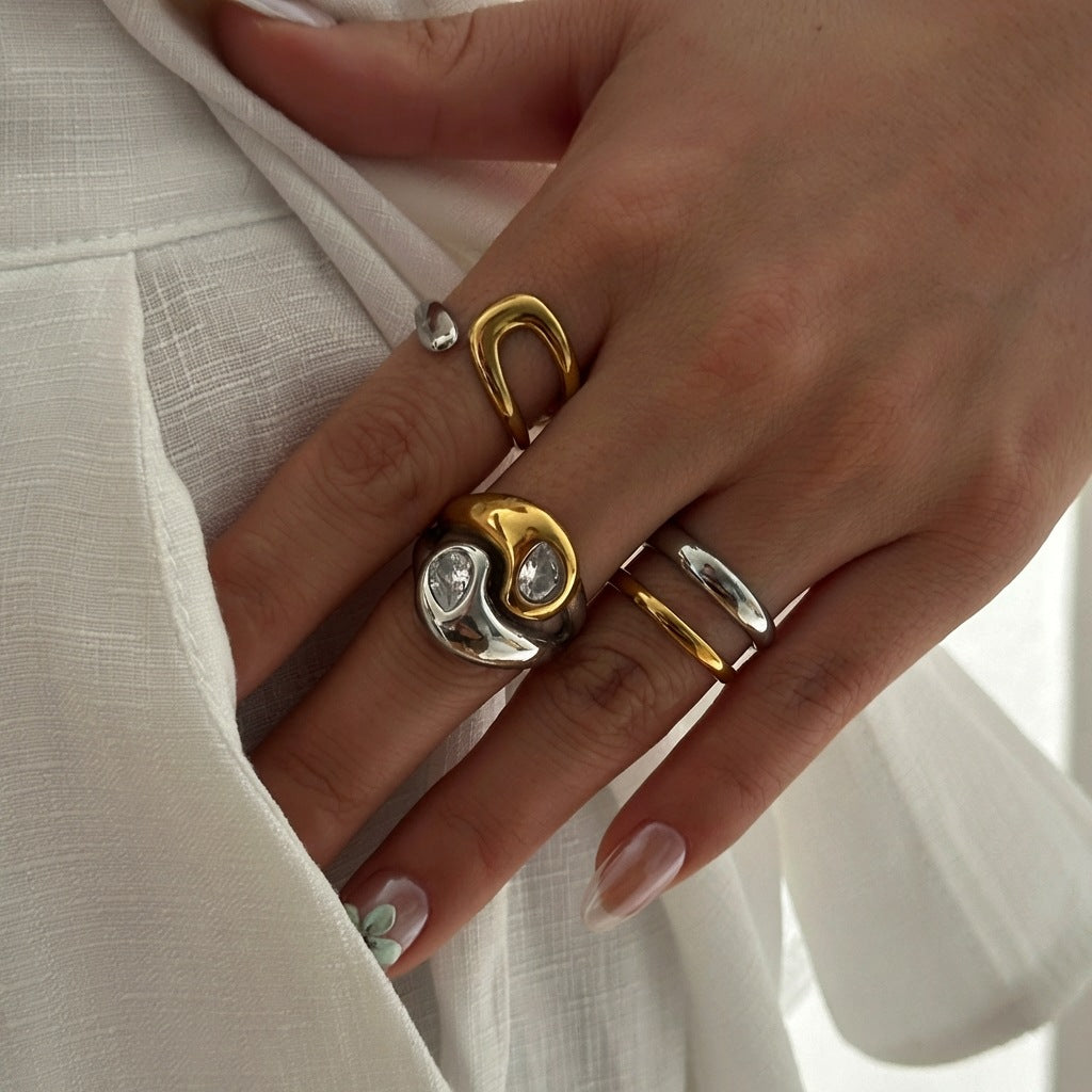 Two-tone 2 3pcs 18k Gold Stainless Steel Color Block Zircon Ring Set