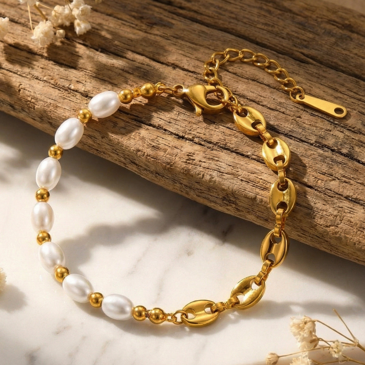 Gold Stainless Steel Pearl Pig Nose Bracelet