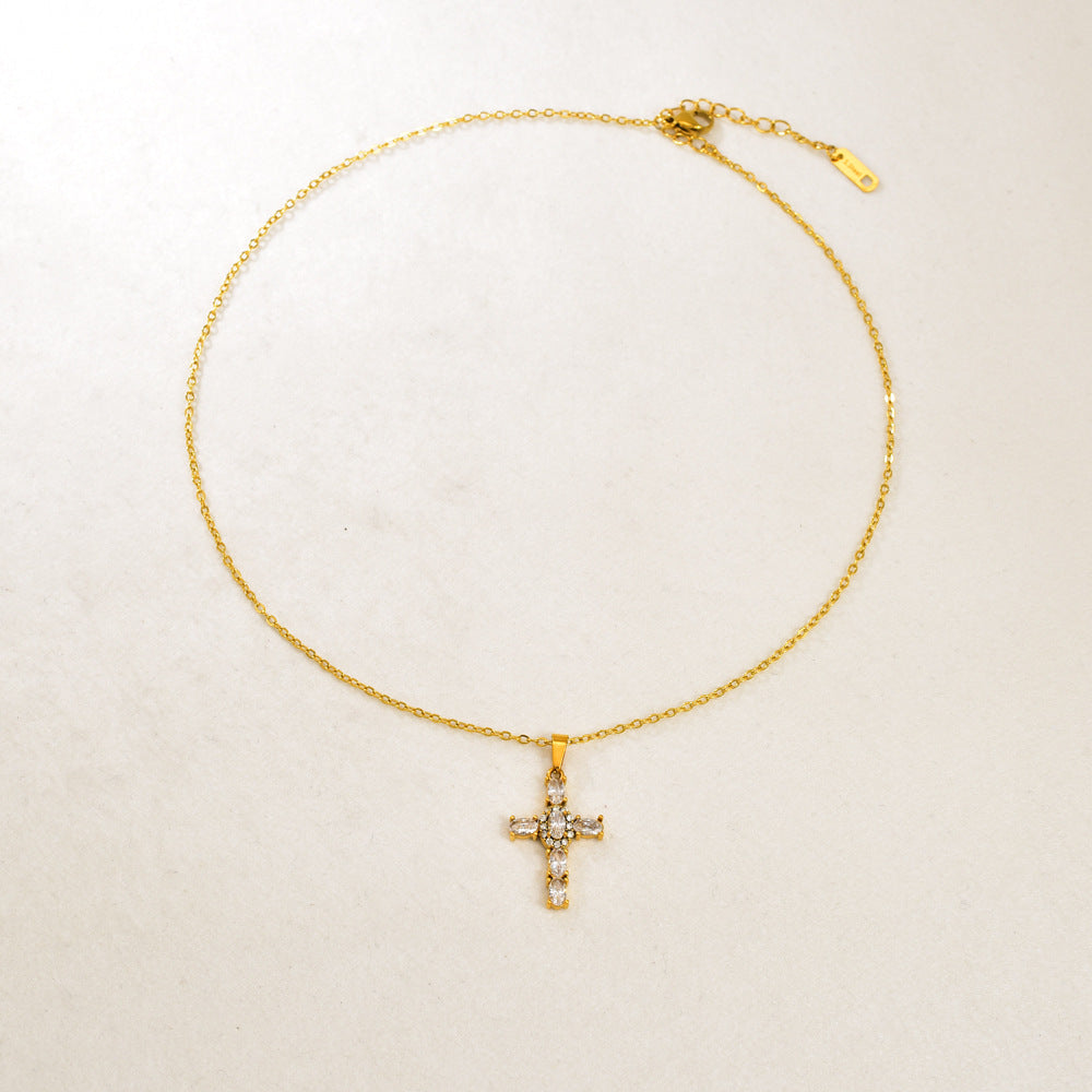 Gold Stainless Steel Diamond-encrusted Cross Necklace
