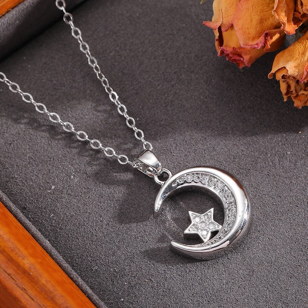 Necklace #8 304 Stainless Steel Diamond-encrusted Heart And Moon Necklace